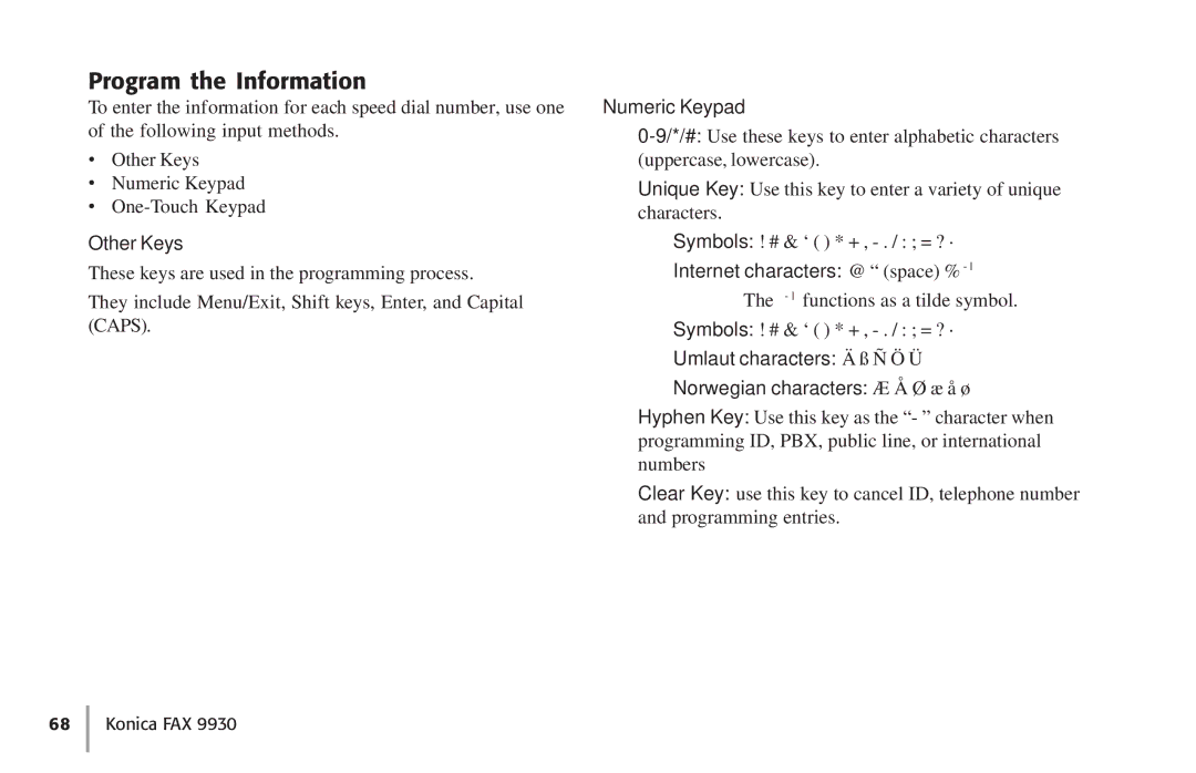 Konica Minolta Fax 9930 user manual Program the Information, Other Keys, Numeric Keypad 