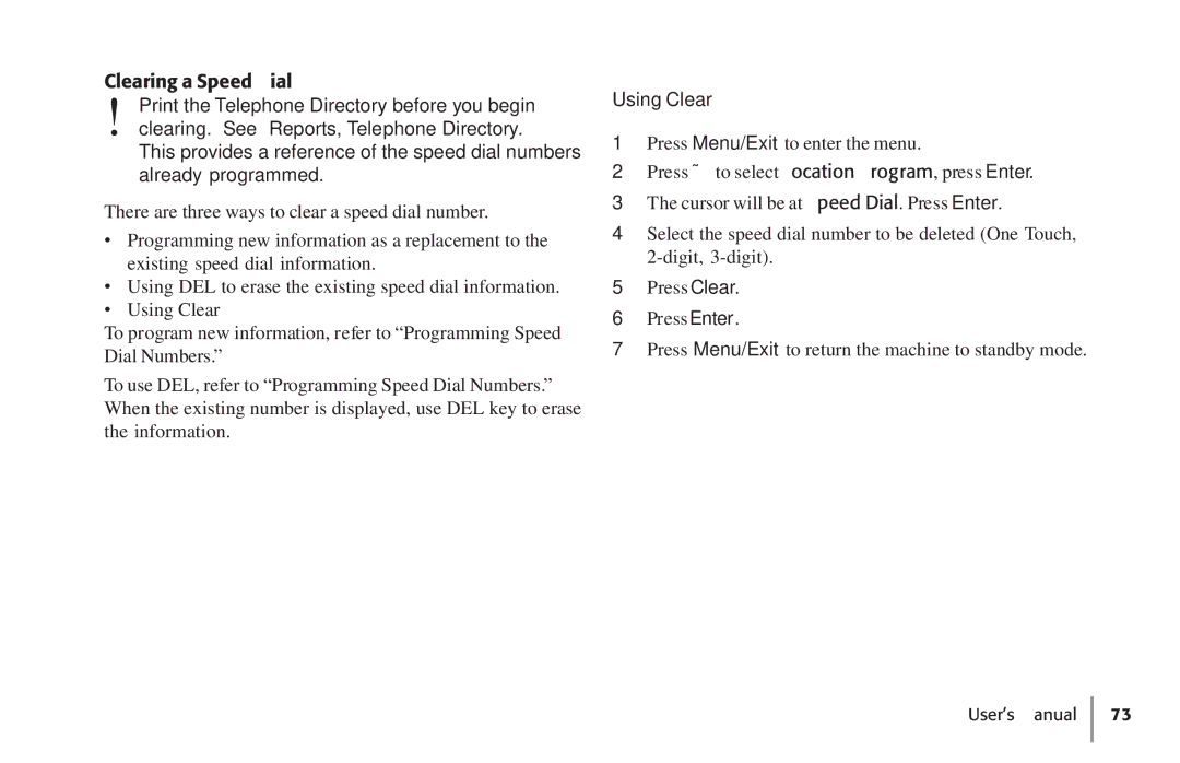 Konica Minolta Fax 9930 user manual Clearing a Speed Dial, Using Clear 