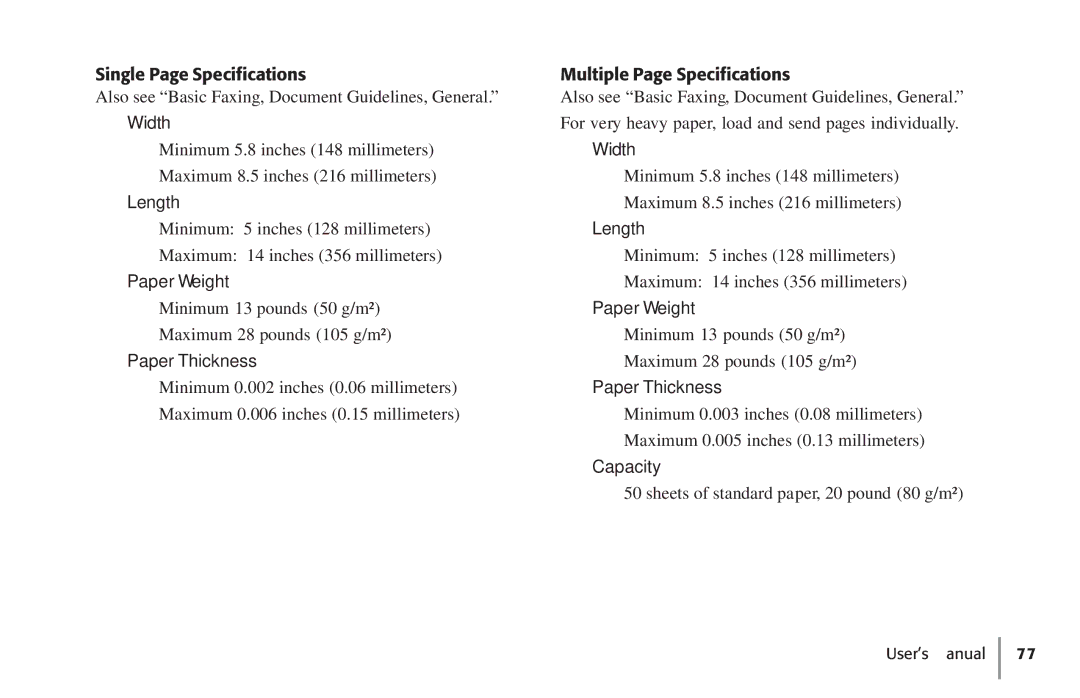 Konica Minolta Fax 9930 user manual Width, Length, Paper Weight, Paper Thickness, Capacity 