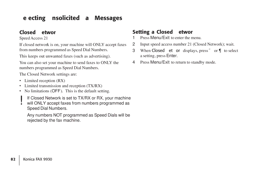 Konica Minolta Fax 9930 user manual Rejecting Unsolicited Fax Messages, Setting a Closed Network 