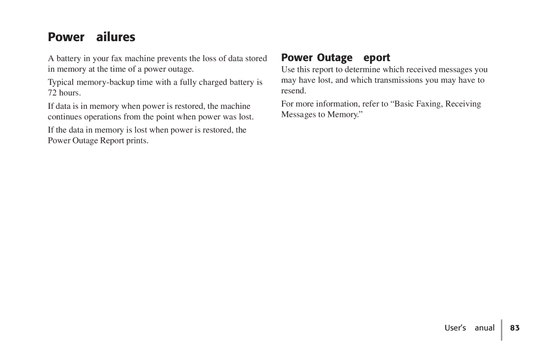 Konica Minolta Fax 9930 user manual Power Failures, Power Outage Report 