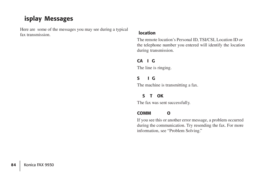 Konica Minolta Fax 9930 user manual Display Messages, Location 