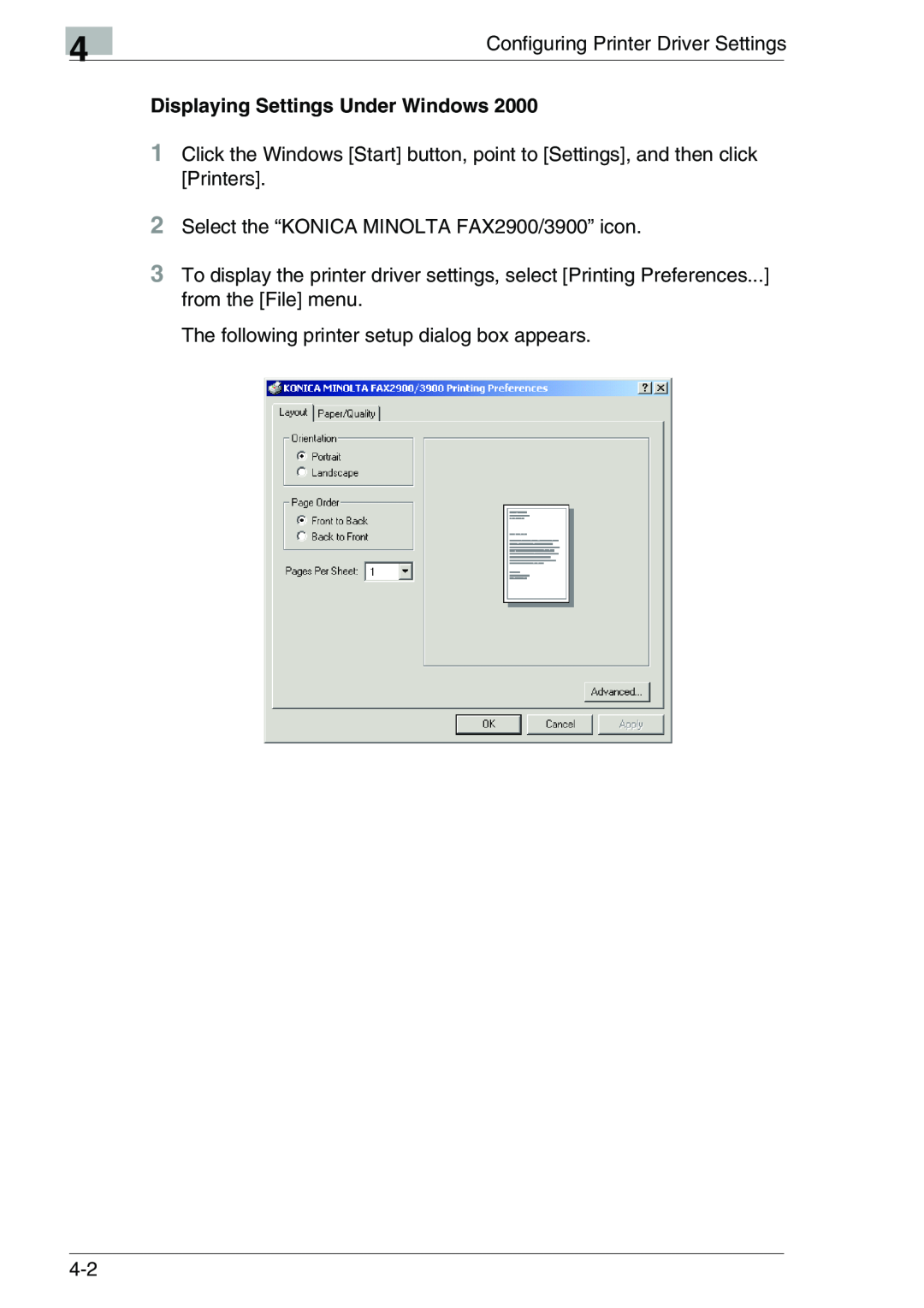 Konica Minolta FAX2900/FAX3900 manual Configuring Printer Driver Settings, Displaying Settings Under Windows 