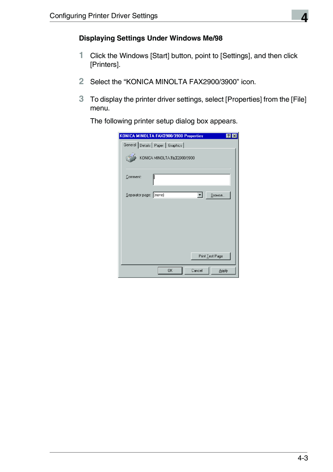 Konica Minolta FAX2900/FAX3900 manual Configuring Printer Driver Settings, Displaying Settings Under Windows Me/98 