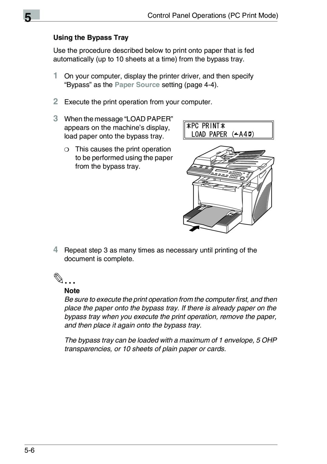 Konica Minolta FAX2900/FAX3900 Using the Bypass Tray, appears on the machine’s display, load paper onto the bypass tray 