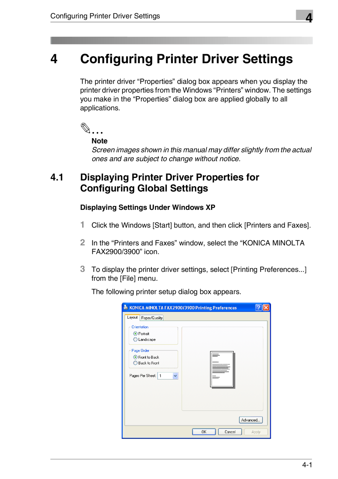 Konica Minolta FAX2900/FAX3900 manual Configuring Printer Driver Settings, Displaying Settings Under Windows XP 