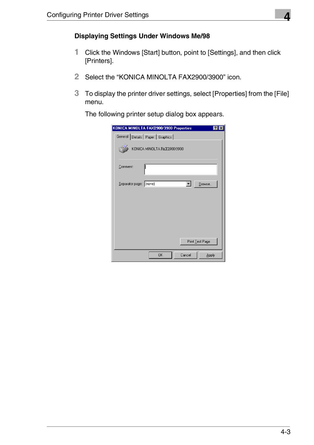 Konica Minolta FAX2900/FAX3900 manual Displaying Settings Under Windows Me/98 