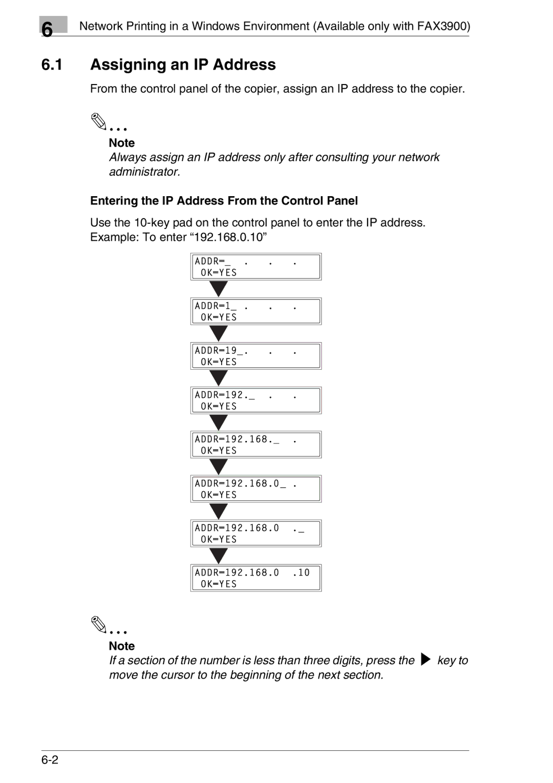 Konica Minolta FAX2900/FAX3900 manual Assigning an IP Address, Entering the IP Address From the Control Panel 