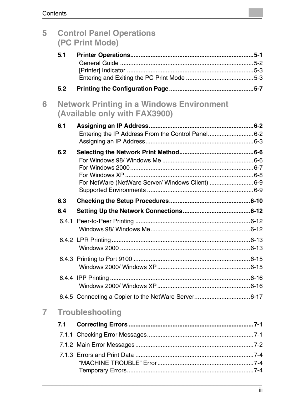 Konica Minolta FAX2900/FAX3900 Printer Operations, Printing the Configuration, Assigning an IP Address, Correcting Errors 