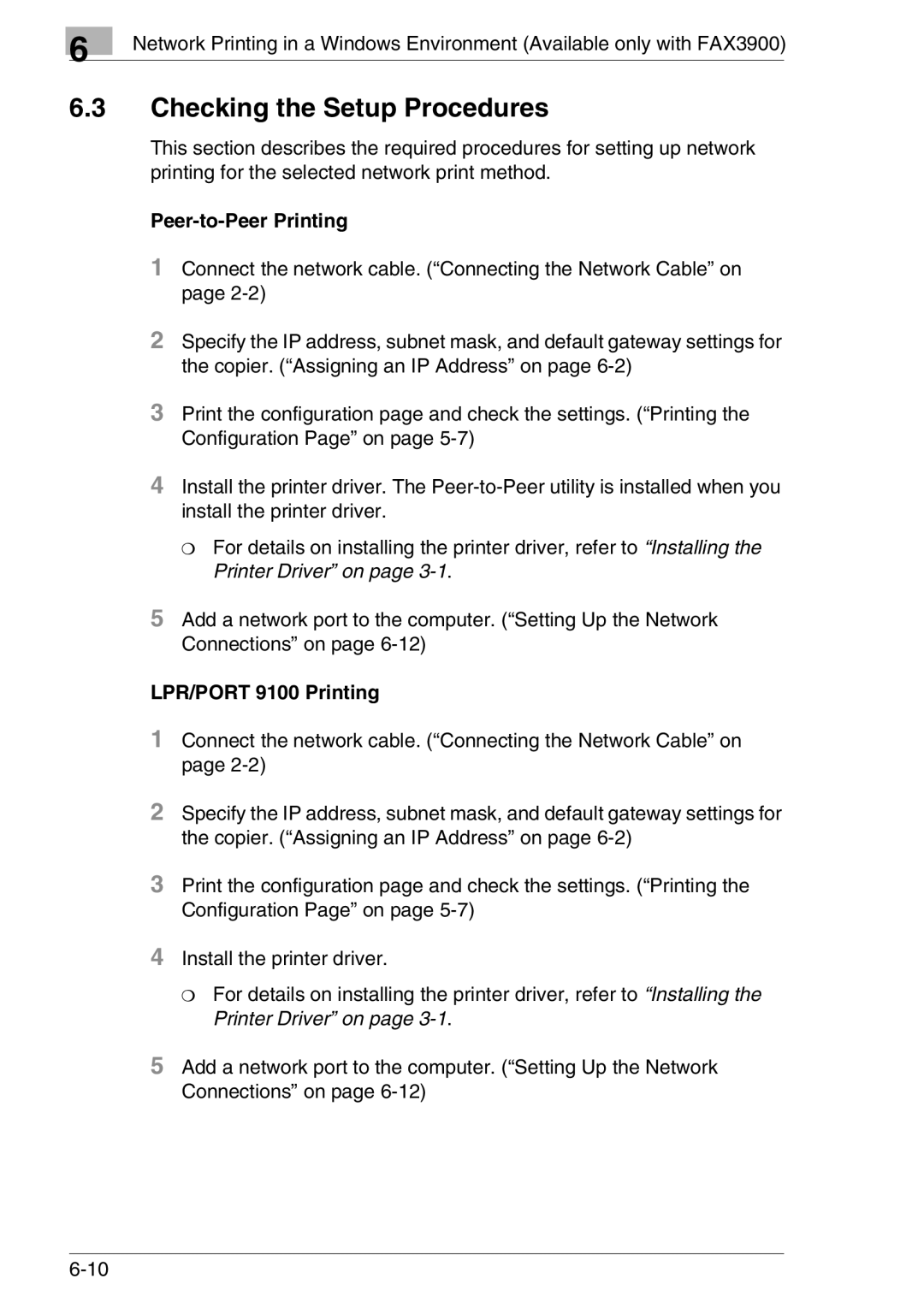 Konica Minolta FAX2900/FAX3900 manual Checking the Setup Procedures, Peer-to-Peer Printing, LPR/PORT 9100 Printing 