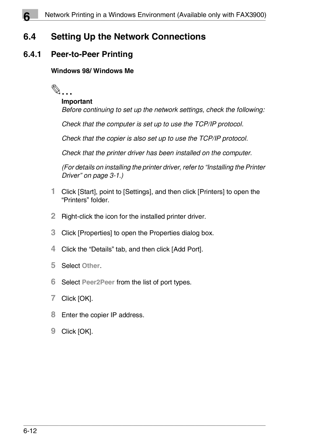 Konica Minolta FAX2900/FAX3900 manual Setting Up the Network Connections, Peer-to-Peer Printing, Windows 98/ Windows Me 