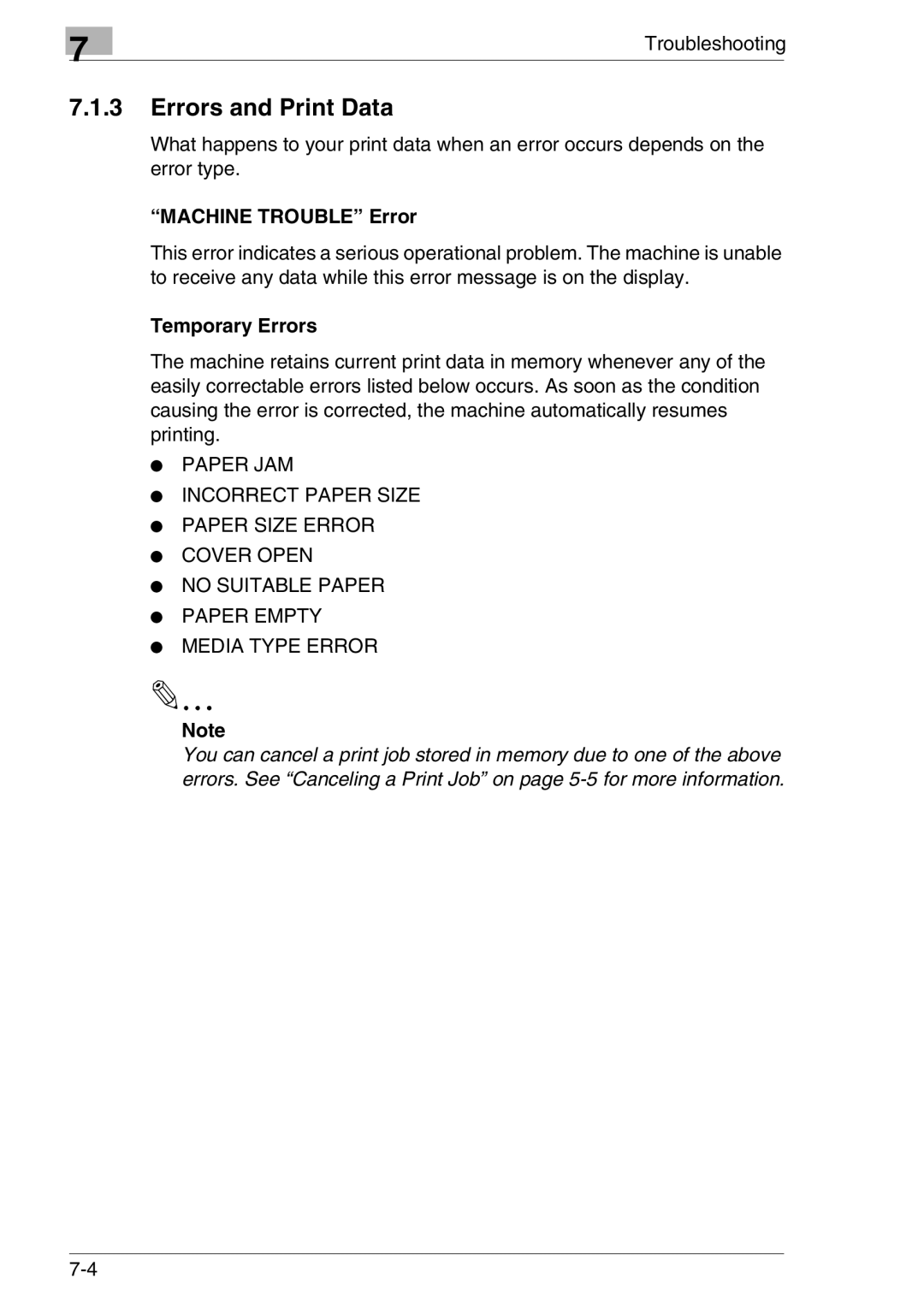 Konica Minolta FAX2900/FAX3900 manual Errors and Print Data, Machine Trouble Error, Temporary Errors 