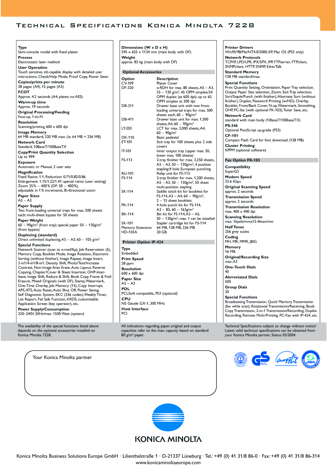 Konica Minolta FM01FD02B manual Technical Specifications Konica Minolta 