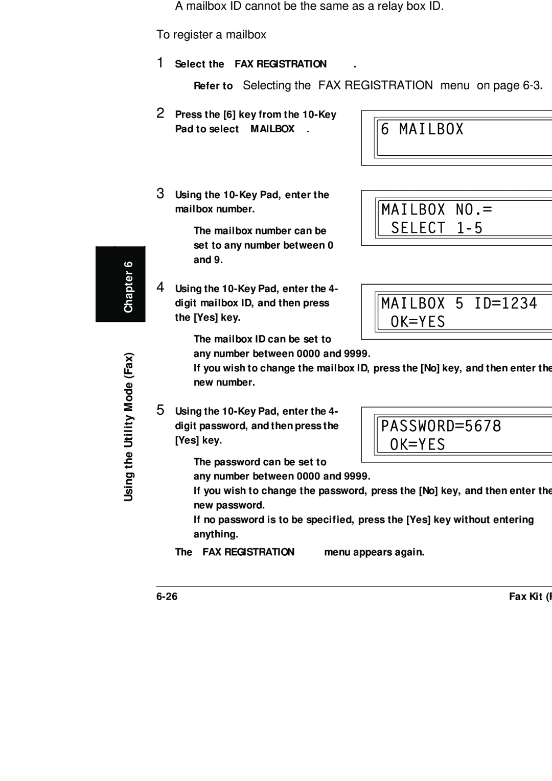 Konica Minolta (FX-3) manual Specifying the Setting for Mailbox, Mailbox ID cannot be the same as a relay box ID 