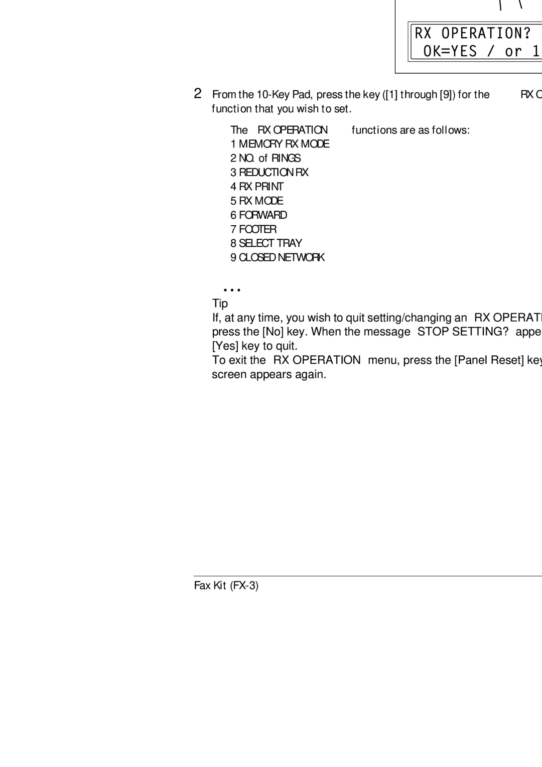 Konica Minolta (FX-3) manual Selecting the RX Operation menu, Tip 