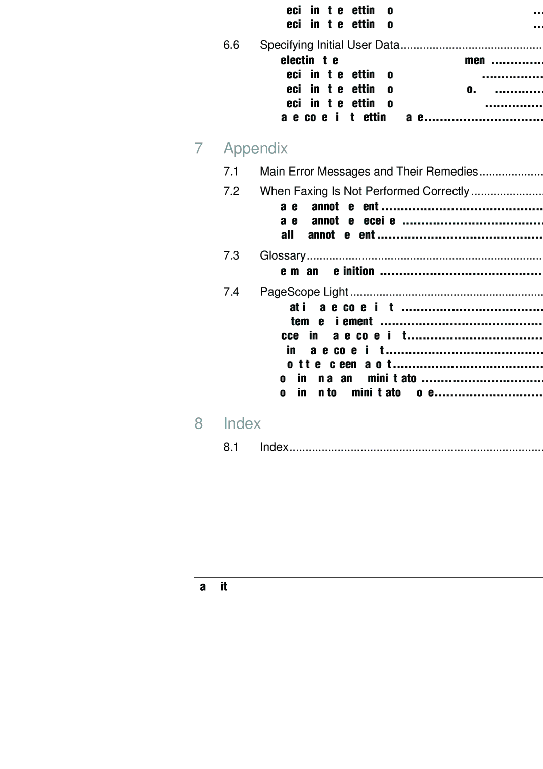 Konica Minolta (FX-3) manual Setting Up the Report Output, Specifying Initial User Data, Glossary, PageScope Light, Index 