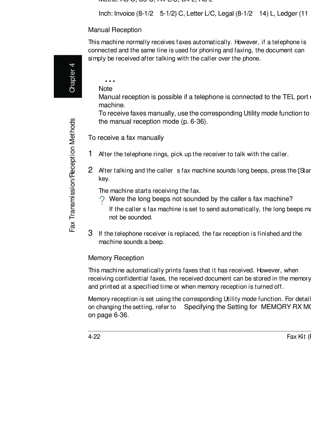 Konica Minolta (FX-3) Reception Methods, Manual Reception, To receive a fax manually, Memory Reception 