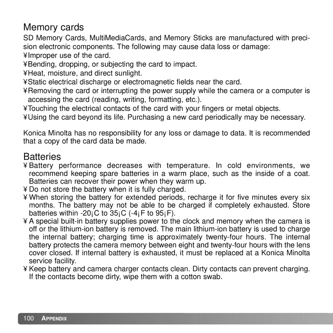 Konica Minolta G530 instruction manual Memory cards, Batteries 