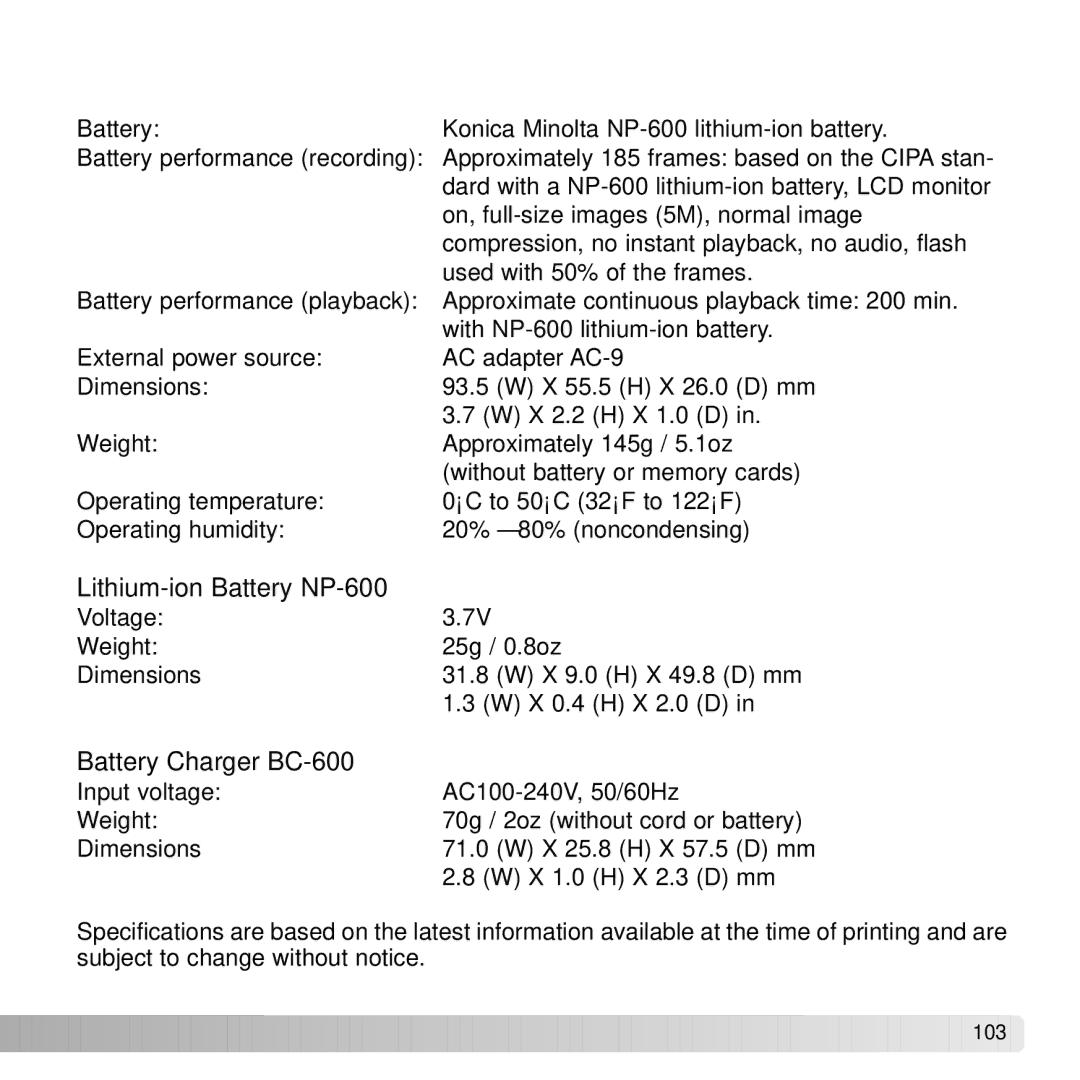 Konica Minolta G530 instruction manual Lithium-ion Battery NP-600 