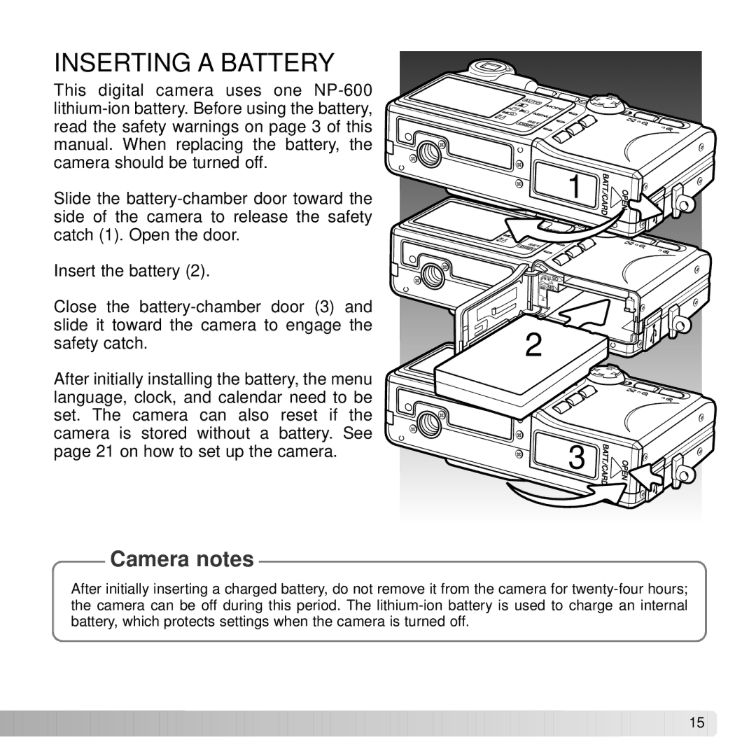 Konica Minolta G530 instruction manual Inserting a Battery, Camera notes 