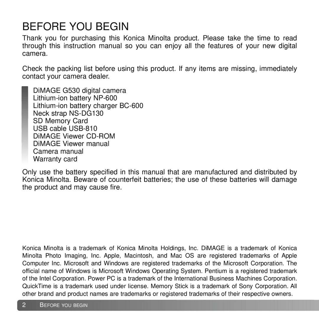 Konica Minolta G530 instruction manual Before YOU Begin 