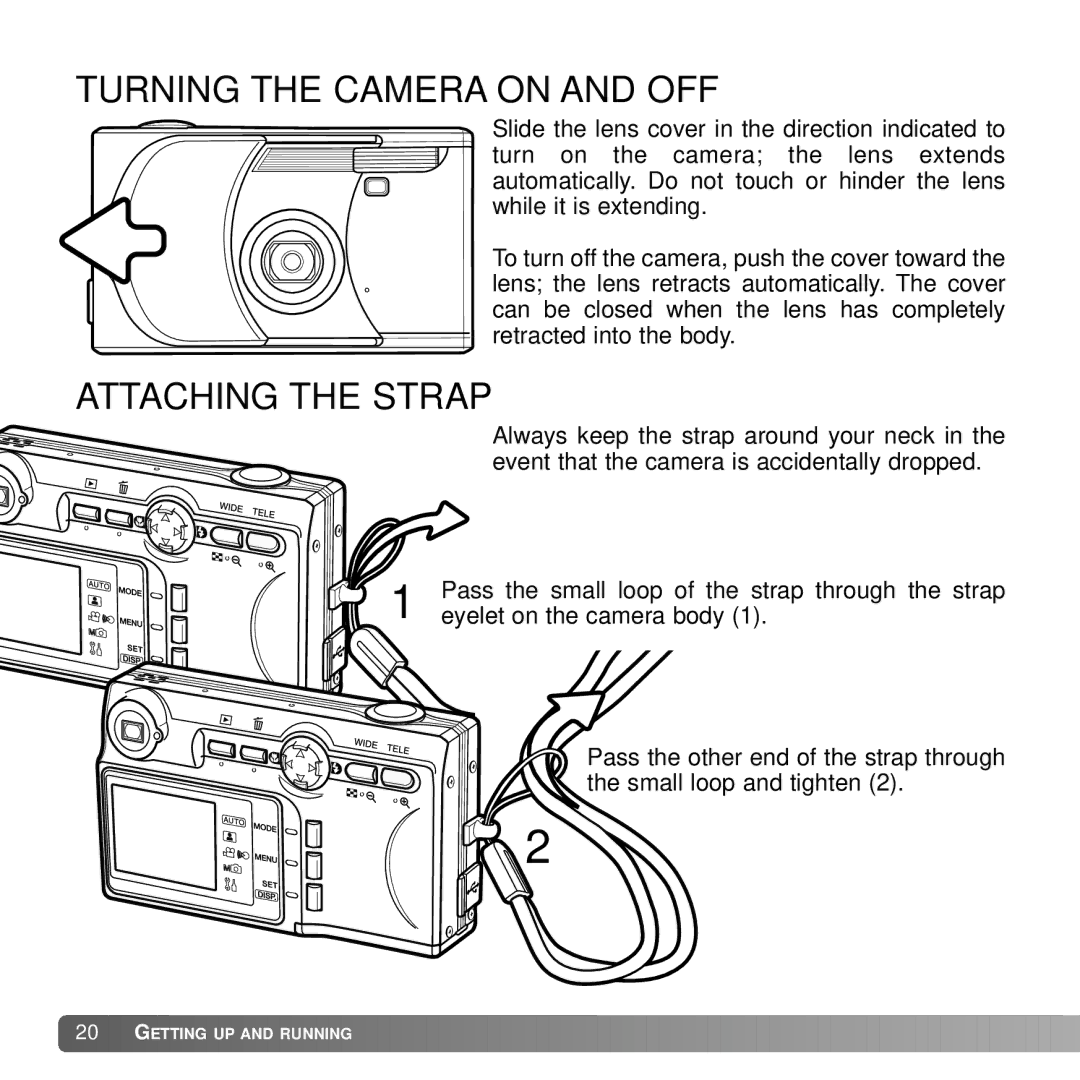 Konica Minolta G530 instruction manual Turning the Camera on and OFF, Attaching the Strap 