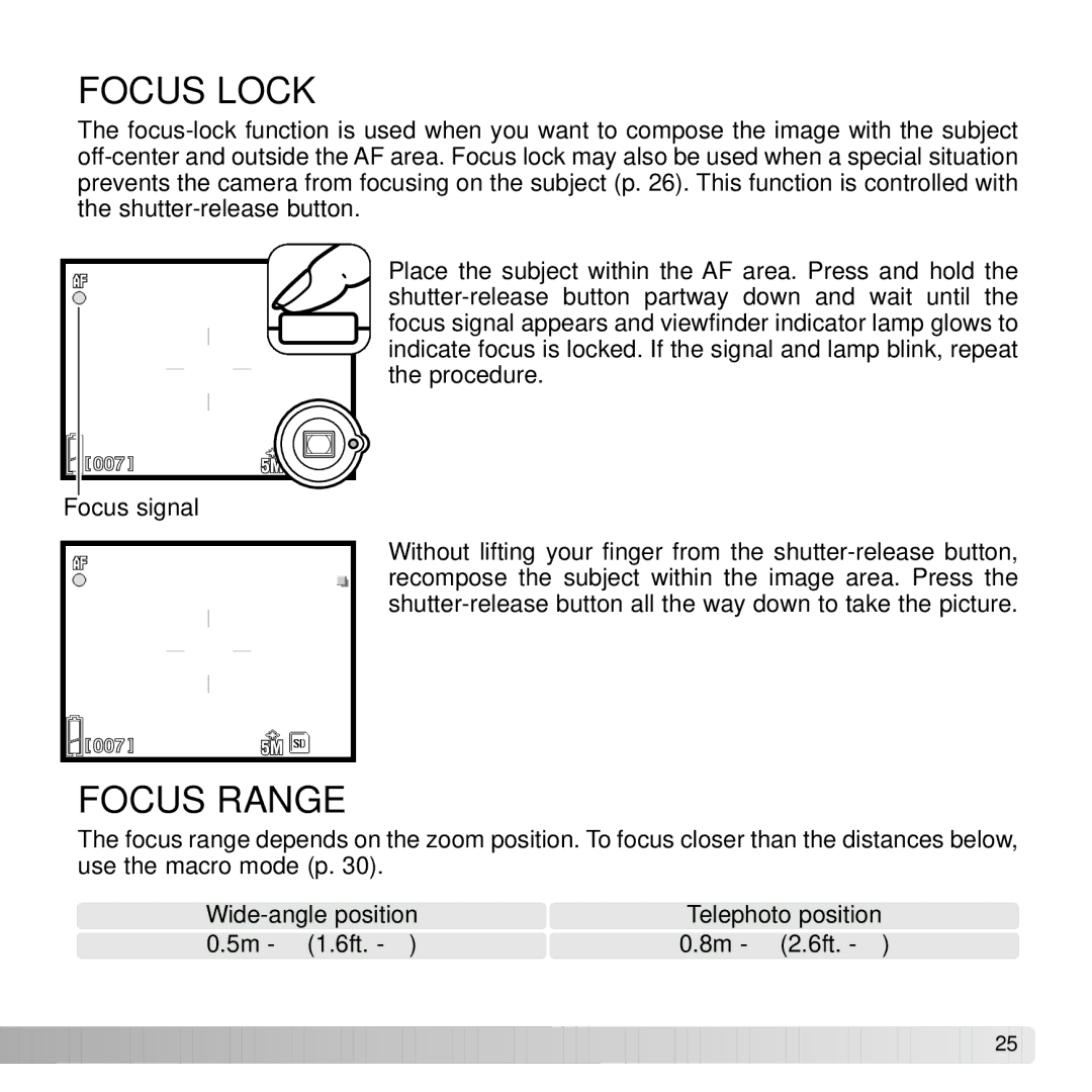 Konica Minolta G530 instruction manual Focus Lock, Focus Range 