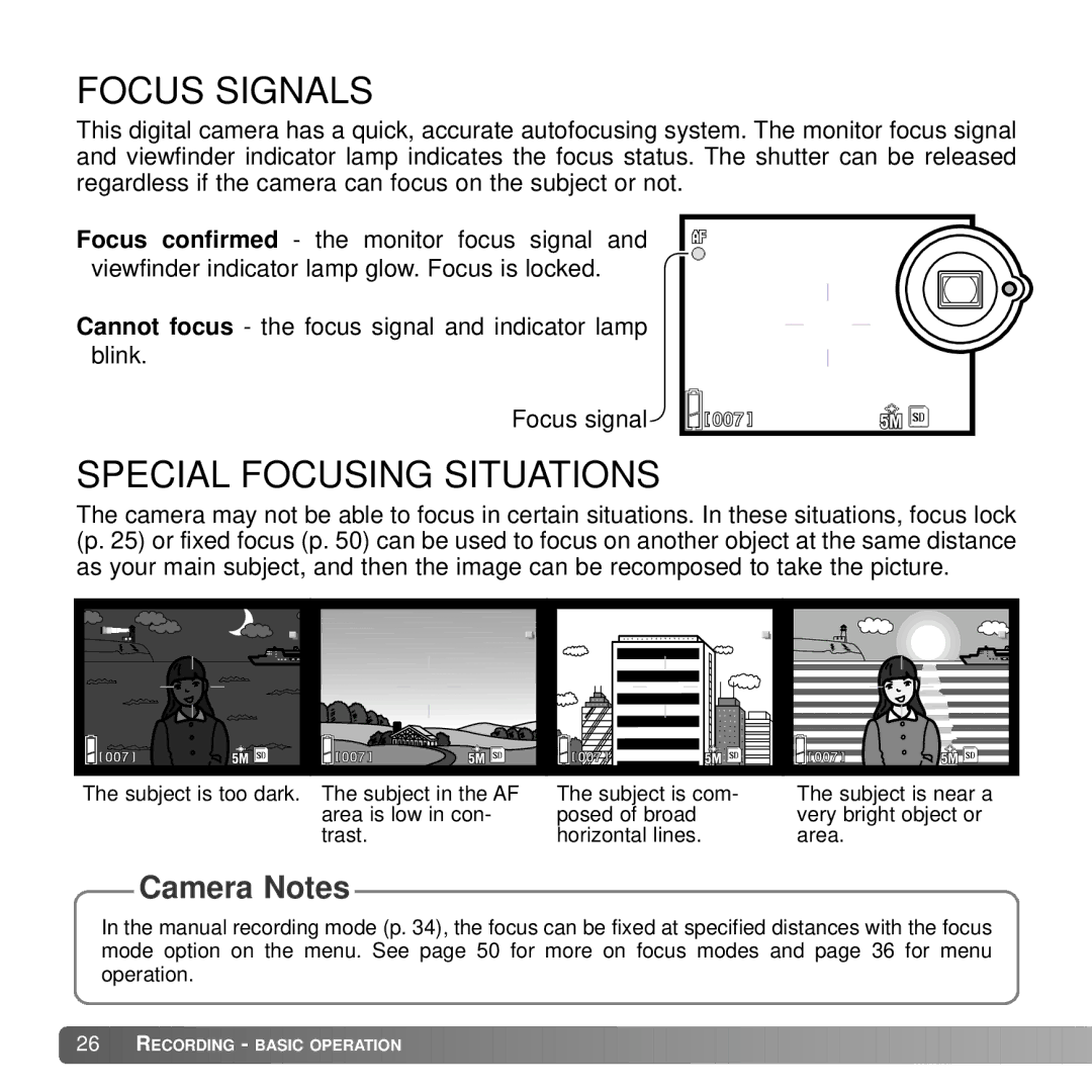 Konica Minolta G530 instruction manual Focus Signals, Special Focusing Situations 