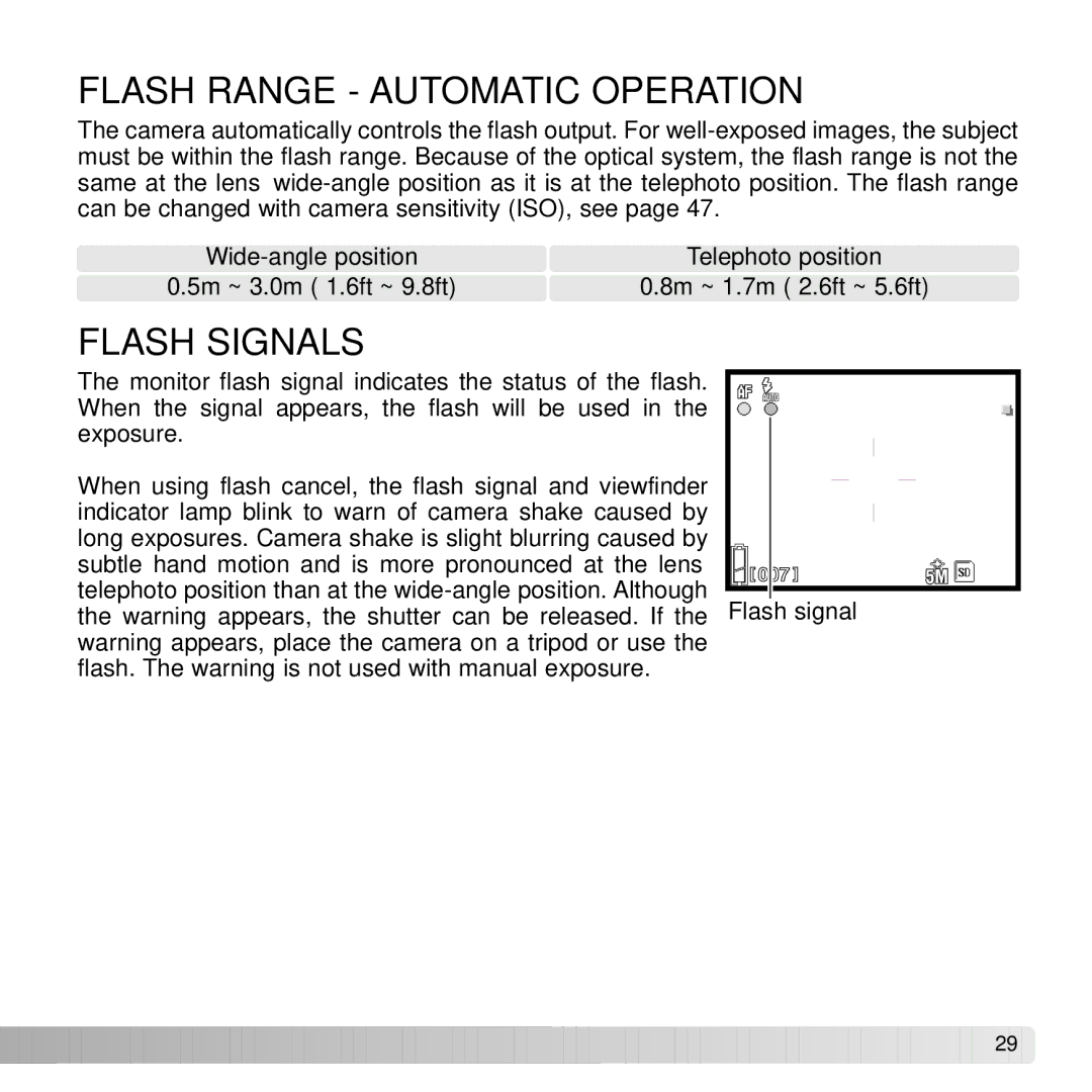 Konica Minolta G530 instruction manual Flash Range Automatic Operation, Flash Signals 