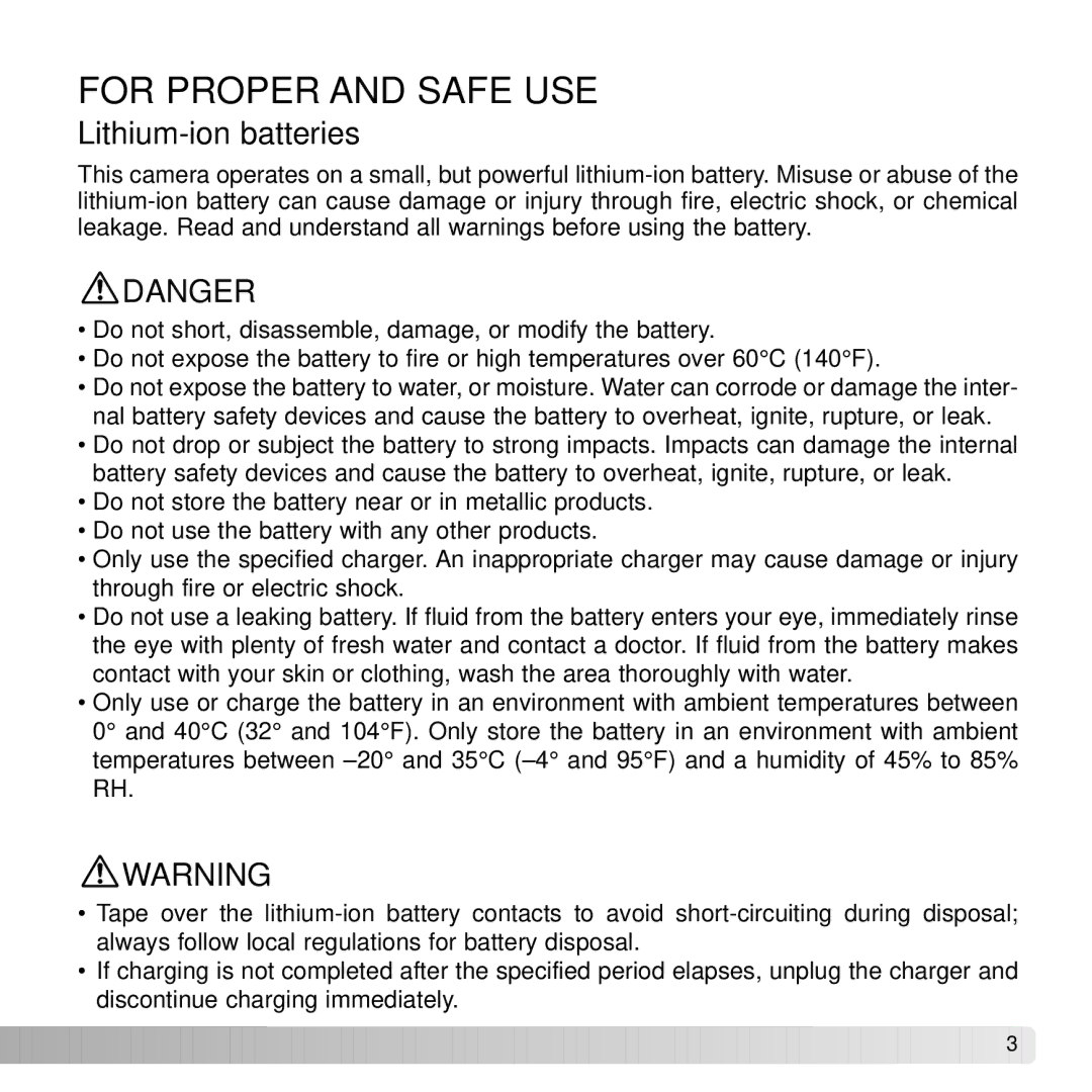 Konica Minolta G530 instruction manual For Proper and Safe USE, Lithium-ion batteries 