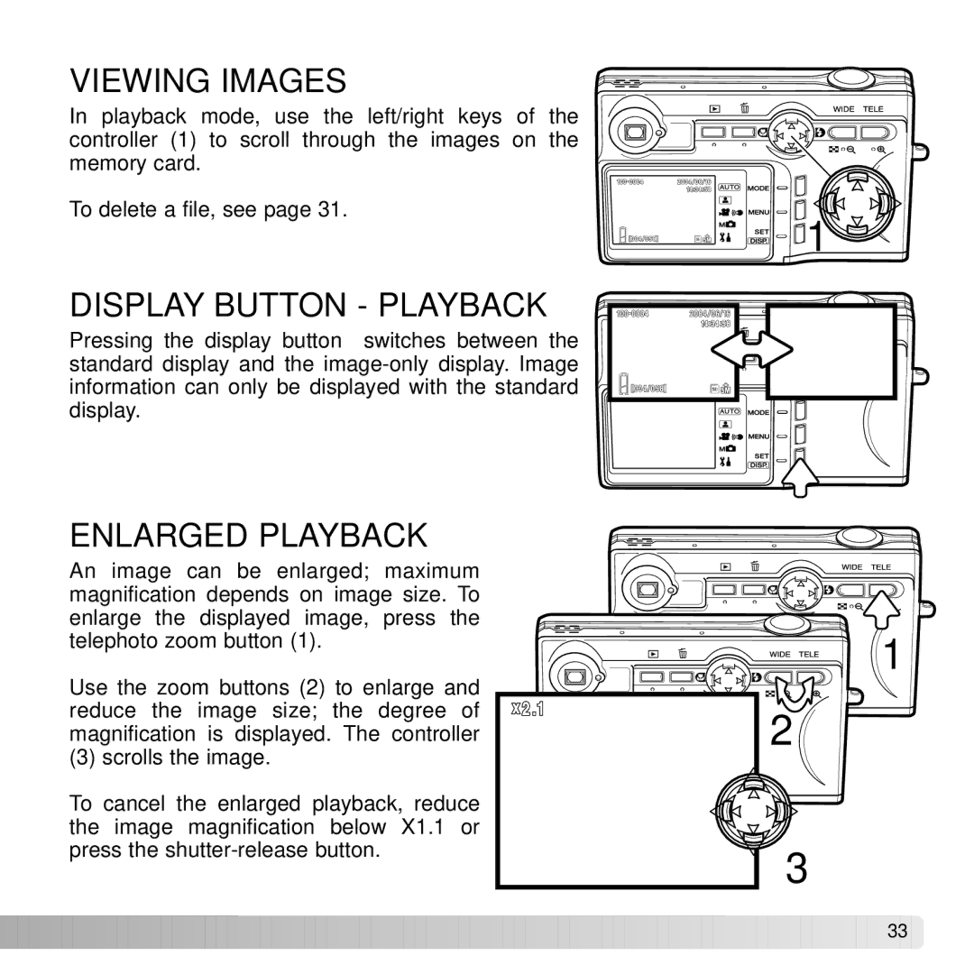 Konica Minolta G530 instruction manual Viewing Images, Display Button Playback, Enlarged Playback 