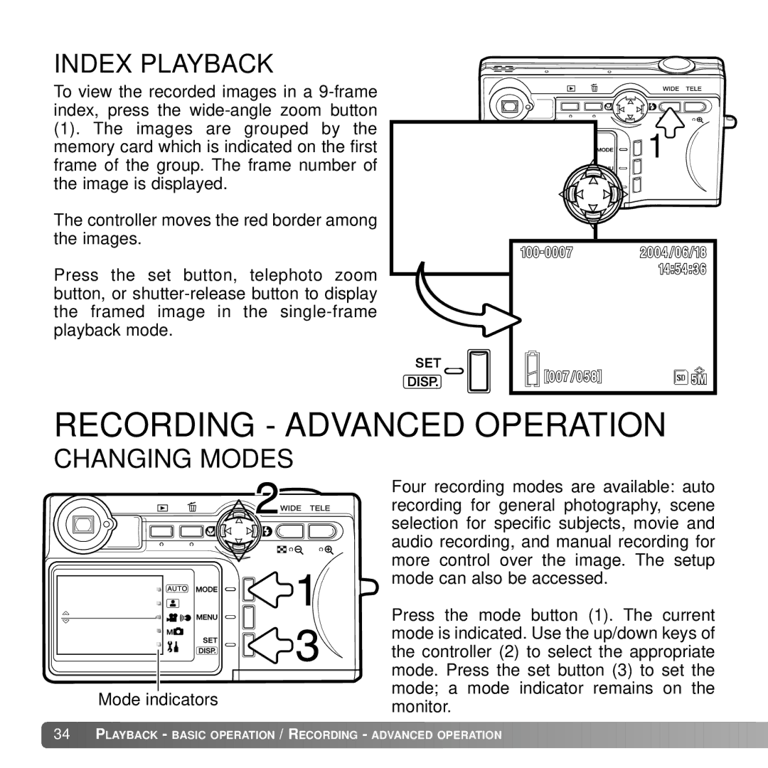 Konica Minolta G530 instruction manual Index Playback, Changing Modes 