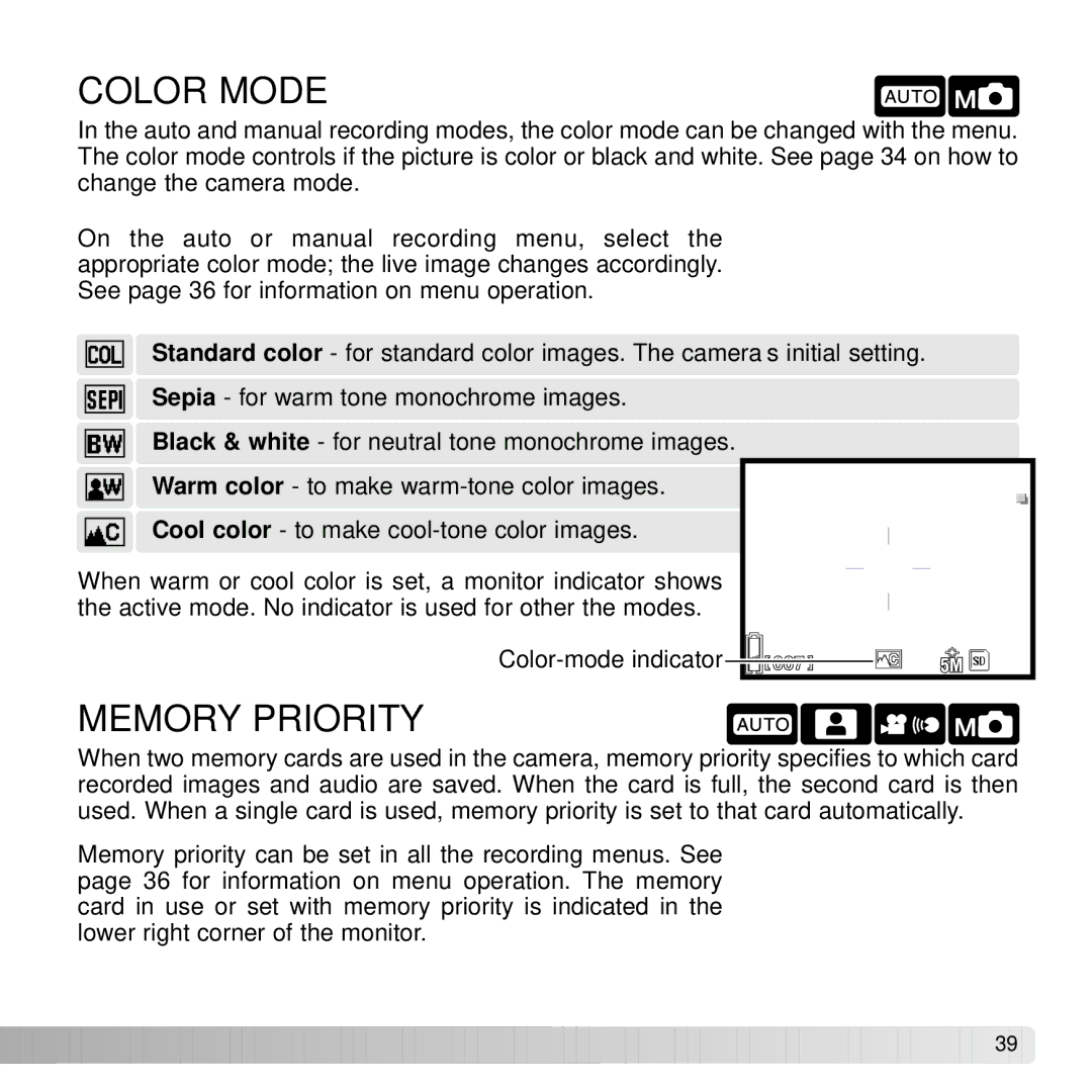 Konica Minolta G530 instruction manual Color Mode, Memory Priority 