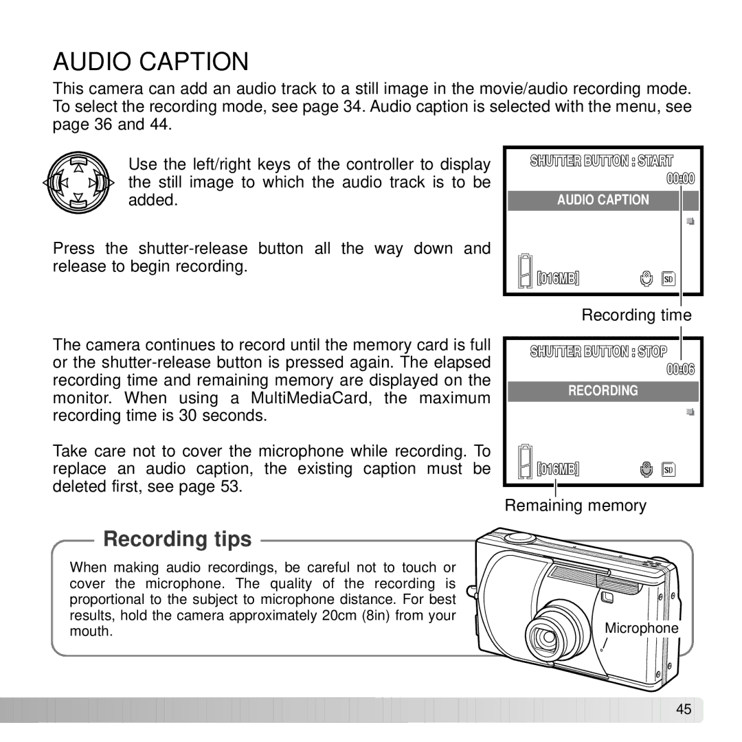 Konica Minolta G530 instruction manual Audio Caption, Recording tips 