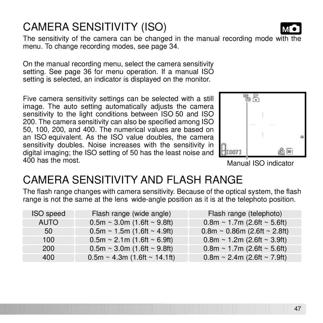 Konica Minolta G530 instruction manual Camera Sensitivity ISO, Camera Sensitivity and Flash Range 