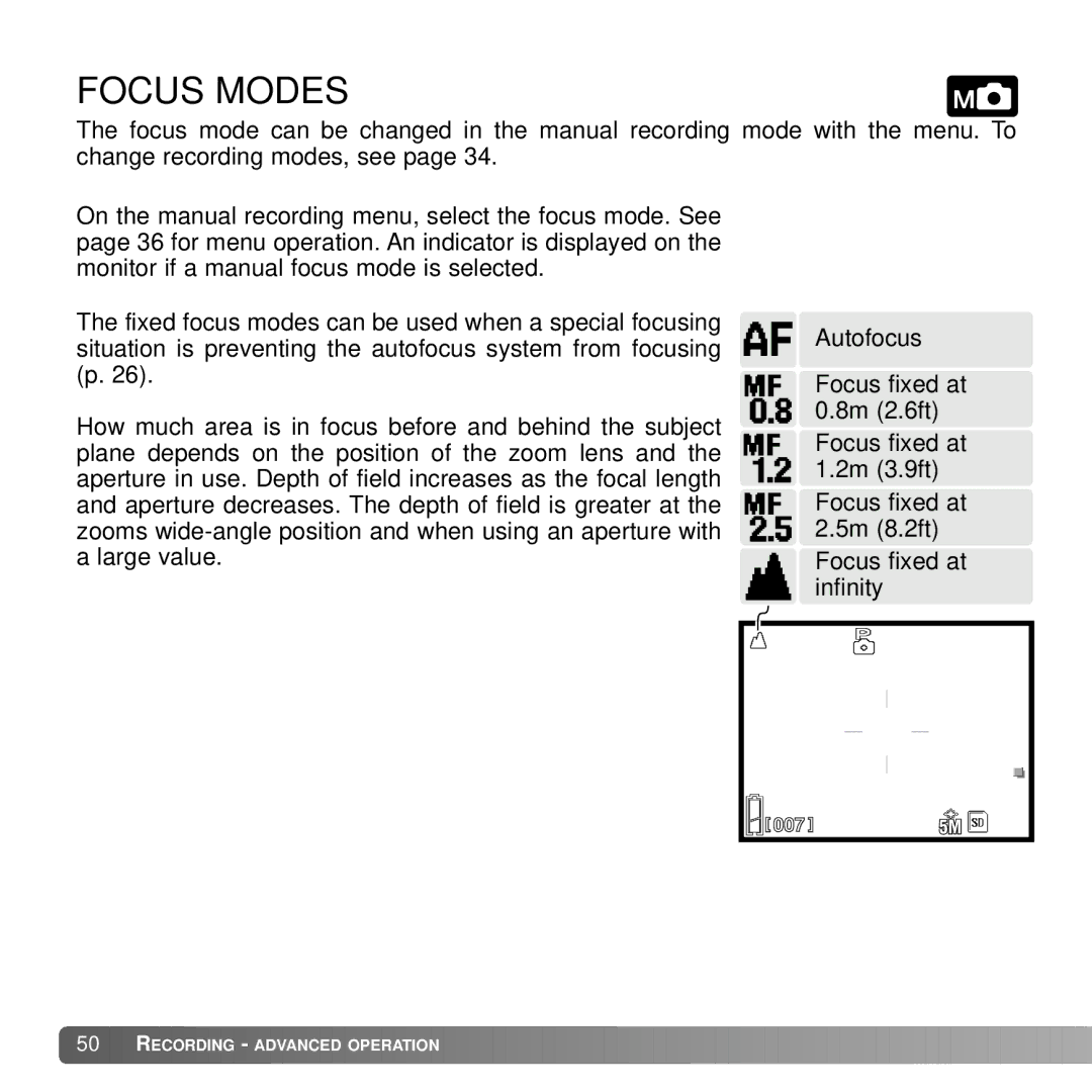 Konica Minolta G530 instruction manual Focus Modes 