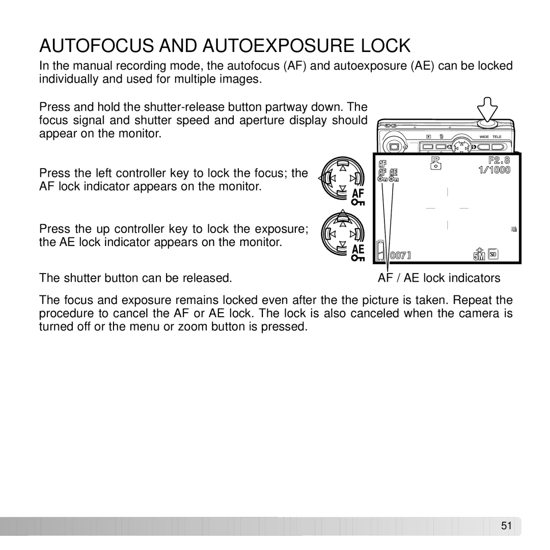 Konica Minolta G530 instruction manual Autofocus and Autoexposure Lock 