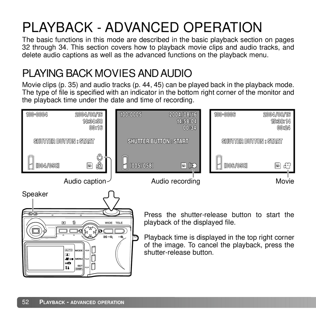 Konica Minolta G530 instruction manual Playback Advanced Operation, Playing Back Movies and Audio 