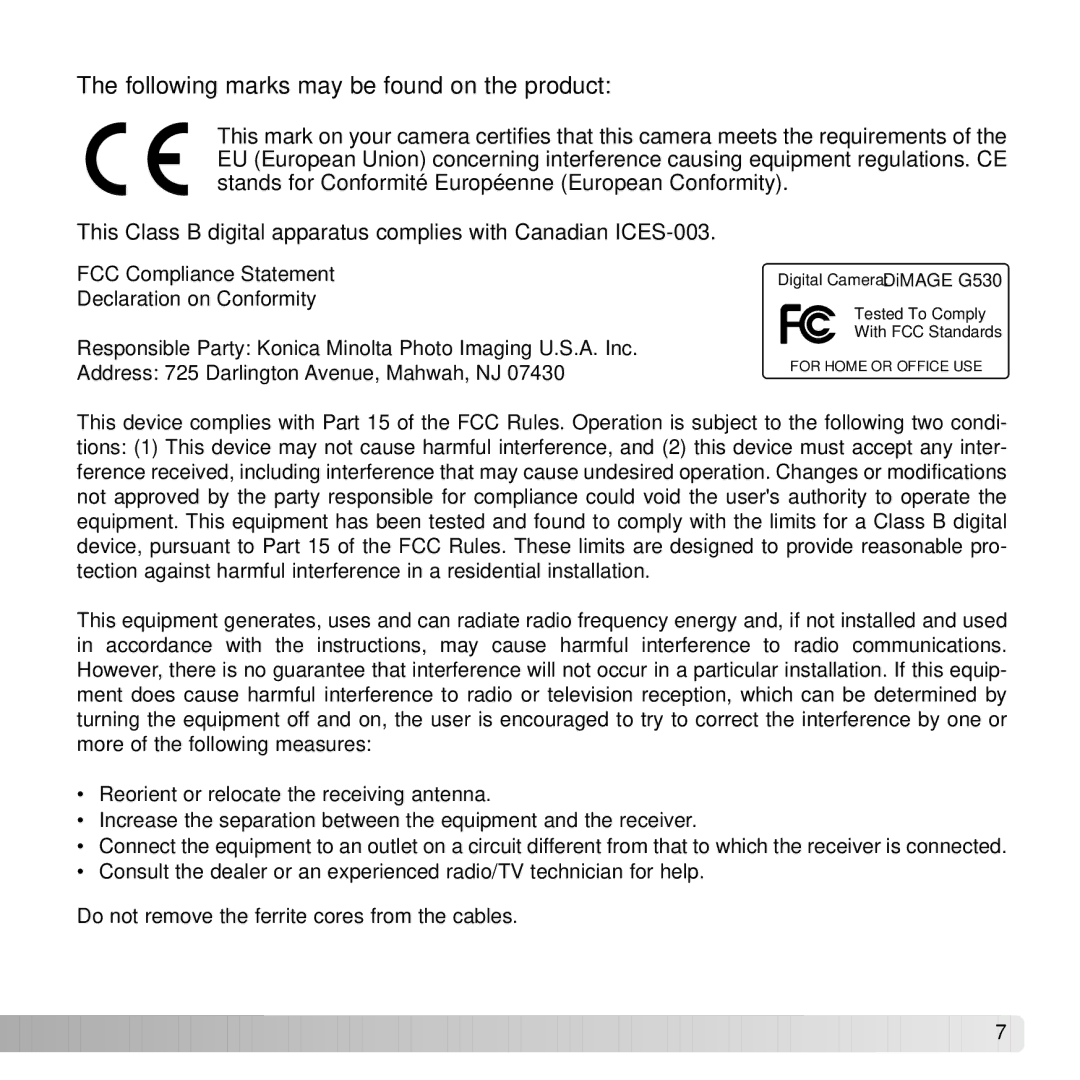 Konica Minolta G530 instruction manual Following marks may be found on the product 