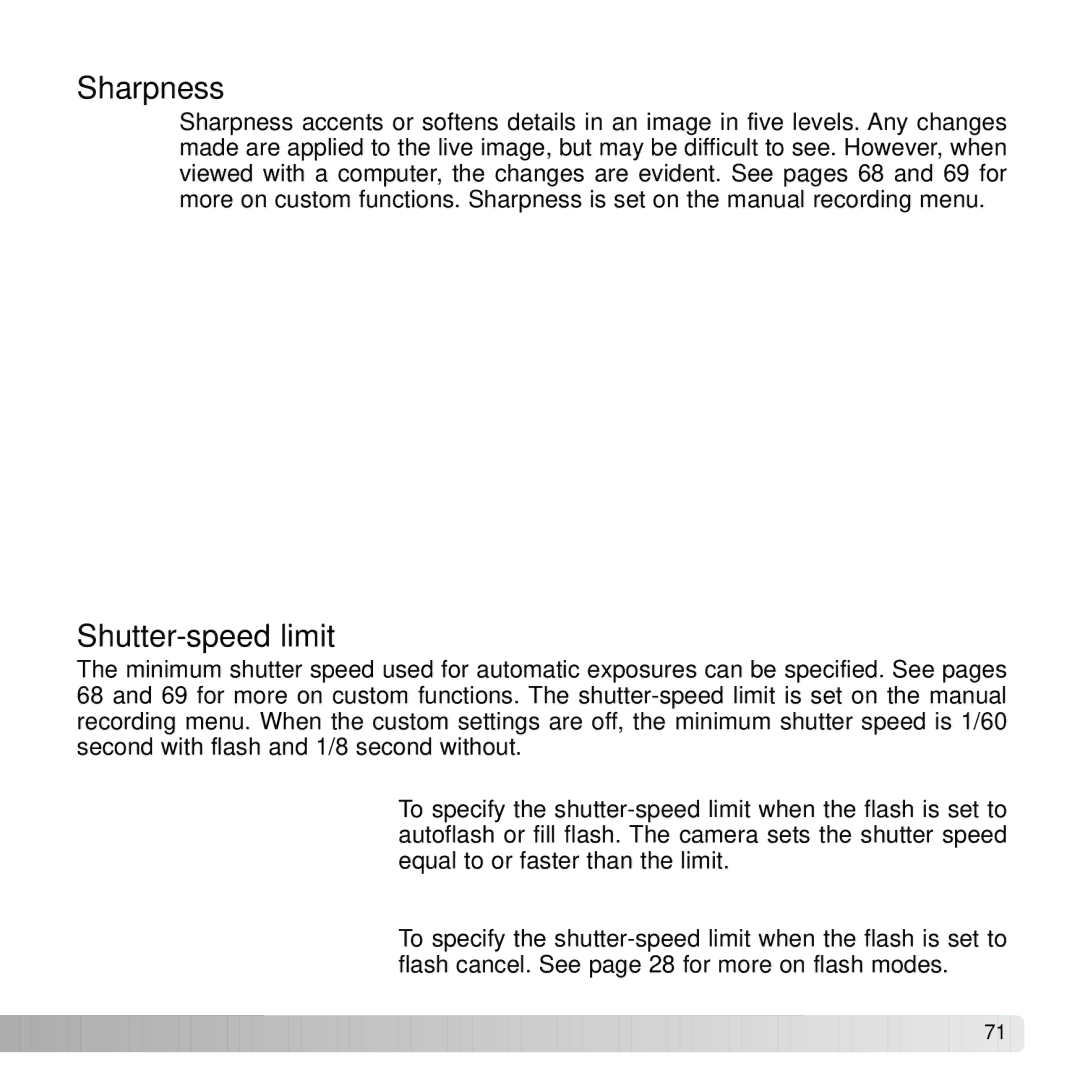 Konica Minolta G530 instruction manual Sharpness, Shutter-speed limit 