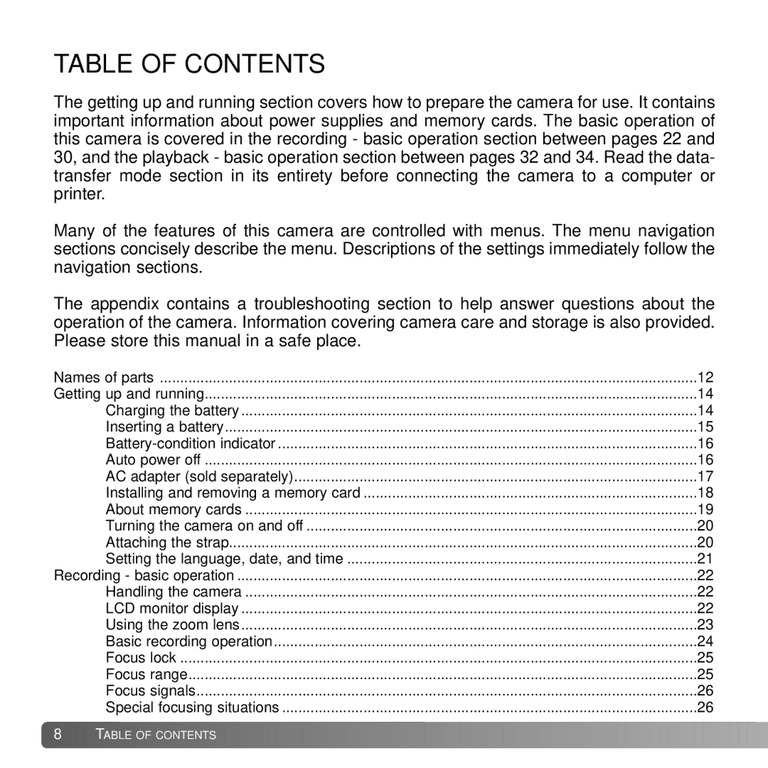 Konica Minolta G530 instruction manual Table of Contents 