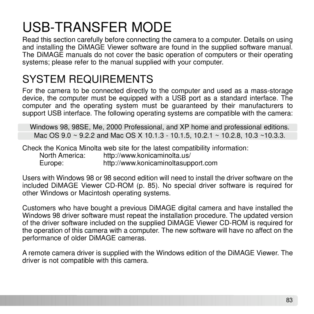 Konica Minolta G530 instruction manual USB-TRANSFER Mode, System Requirements 