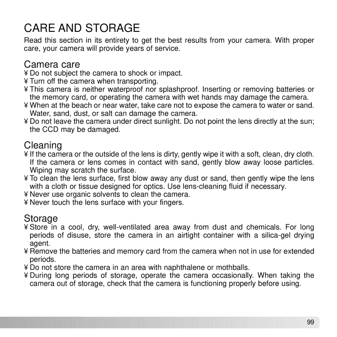 Konica Minolta G530 instruction manual Care and Storage, Camera care, Cleaning 