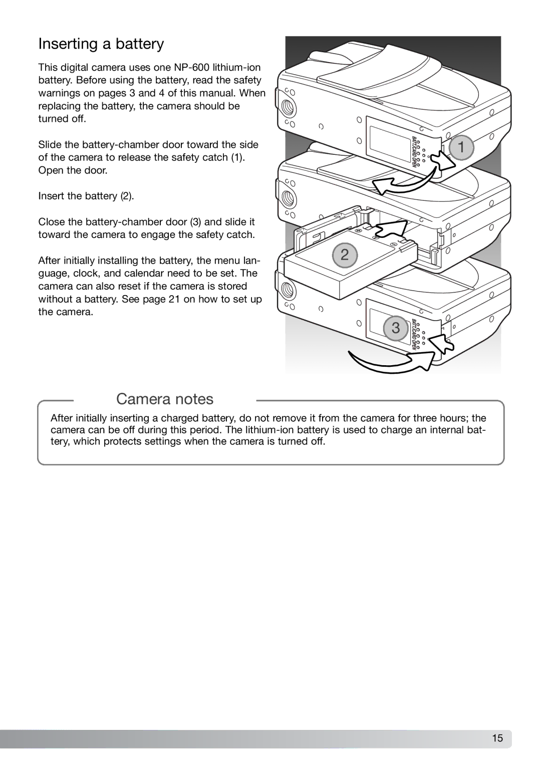 Konica Minolta G600 instruction manual Inserting a battery, Camera notes 