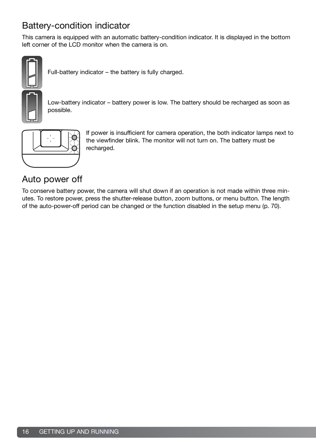 Konica Minolta G600 instruction manual Battery-condition indicator, Auto power off 