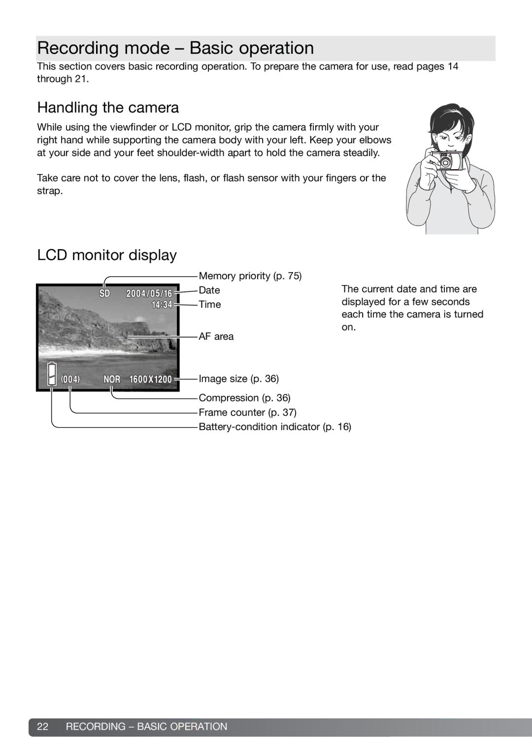 Konica Minolta G600 instruction manual Recording mode Basic operation, Handling the camera, LCD monitor display 