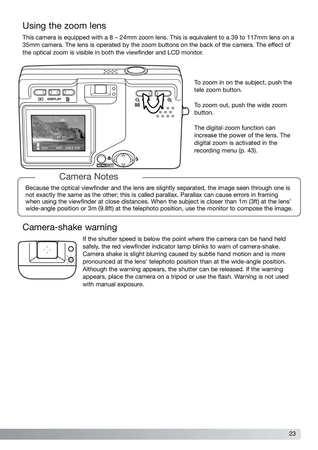 Konica Minolta G600 instruction manual Using the zoom lens, Camera-shake warning 