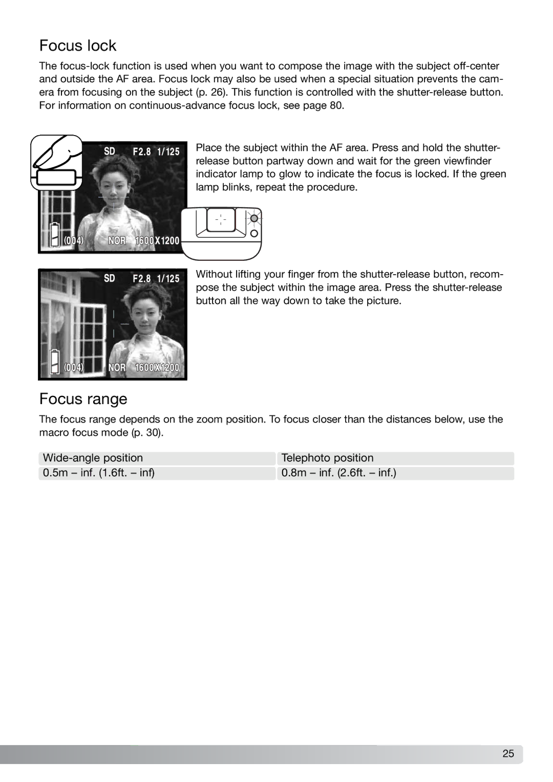 Konica Minolta G600 instruction manual Focus lock, Focus range 