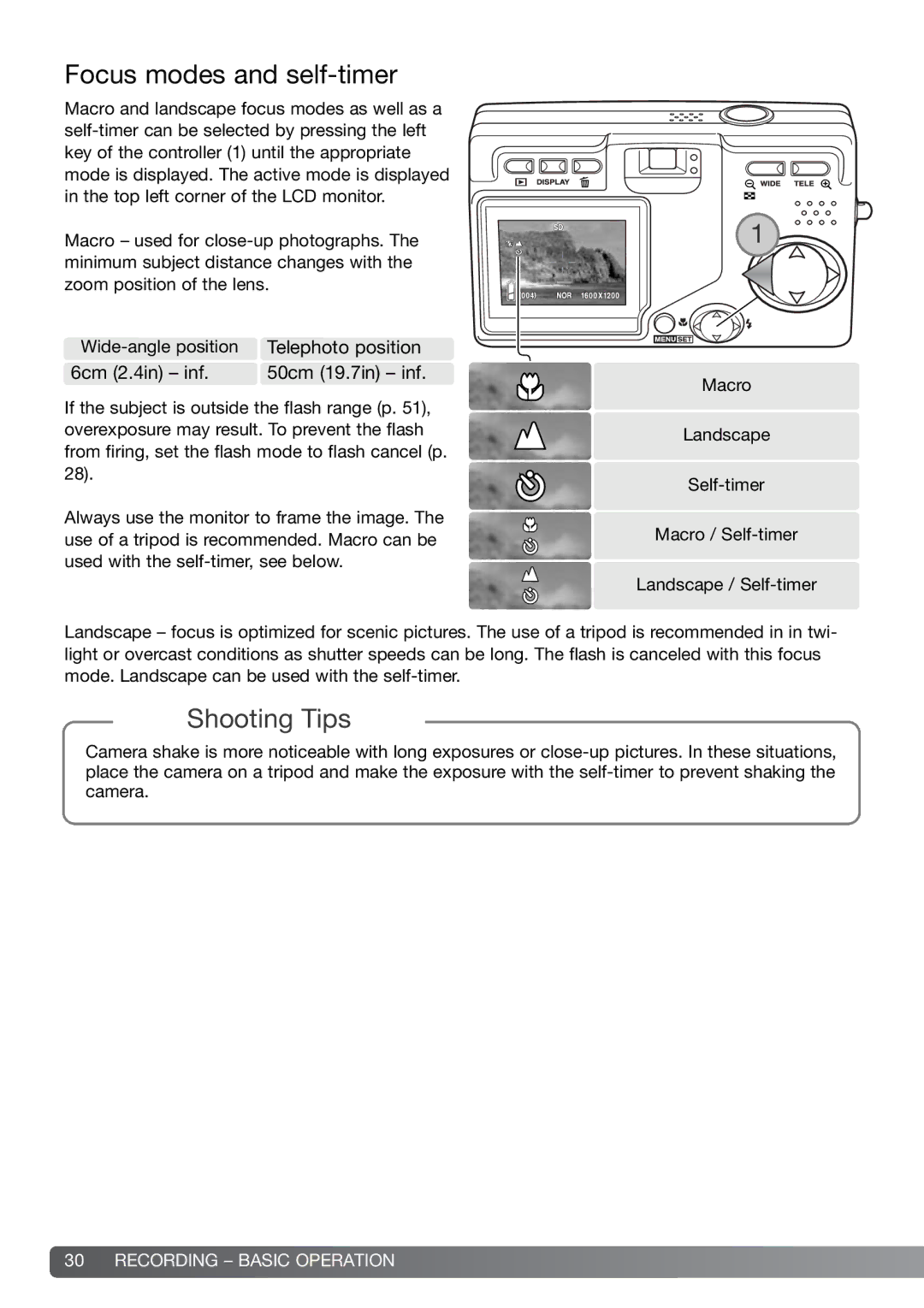 Konica Minolta G600 instruction manual Focus modes and self-timer, Shooting Tips 