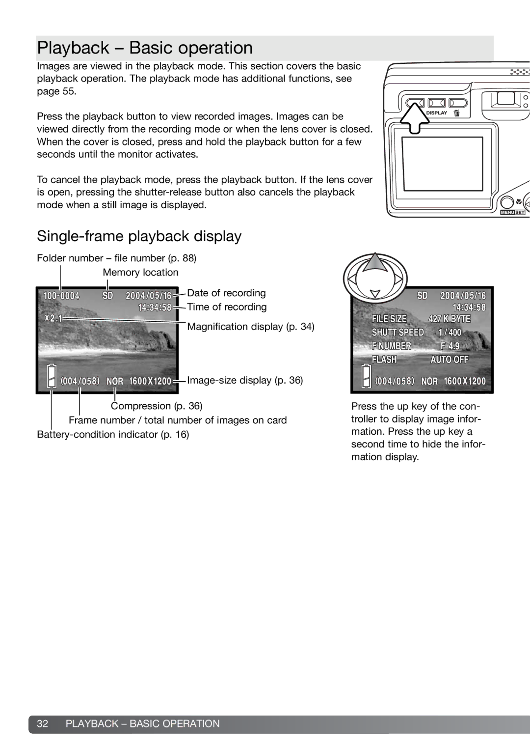 Konica Minolta G600 instruction manual Playback Basic operation, Single-frame playback display 